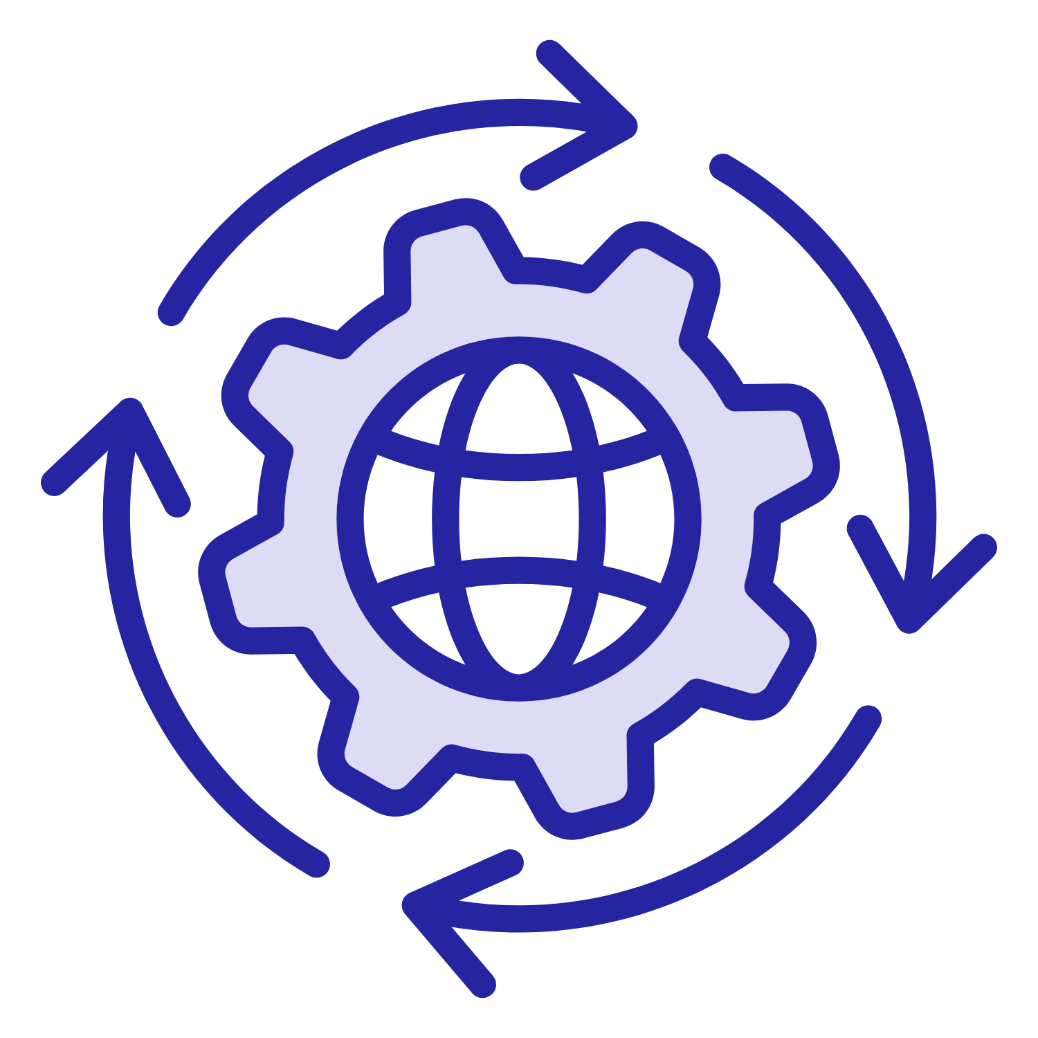 Icon of a gear with a globe inside, surrounded by arrows indicating a cycle or process.