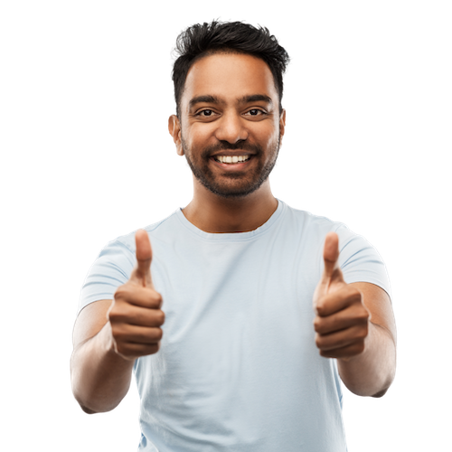 A smiling man with dark hair and a beard giving two thumbs up, wearing a light blue T-shirt.