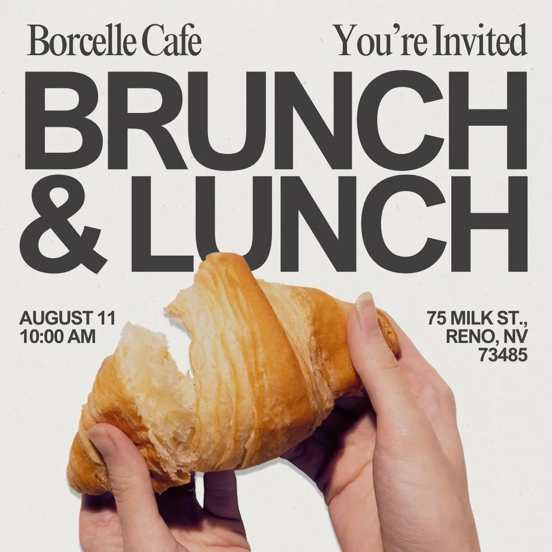 A flyer for a brunch and lunch event at Borcelle Cafe featuring a hand holding a croissant, with details of date, time, and location. An example of one of the best social media ads for restaurants.