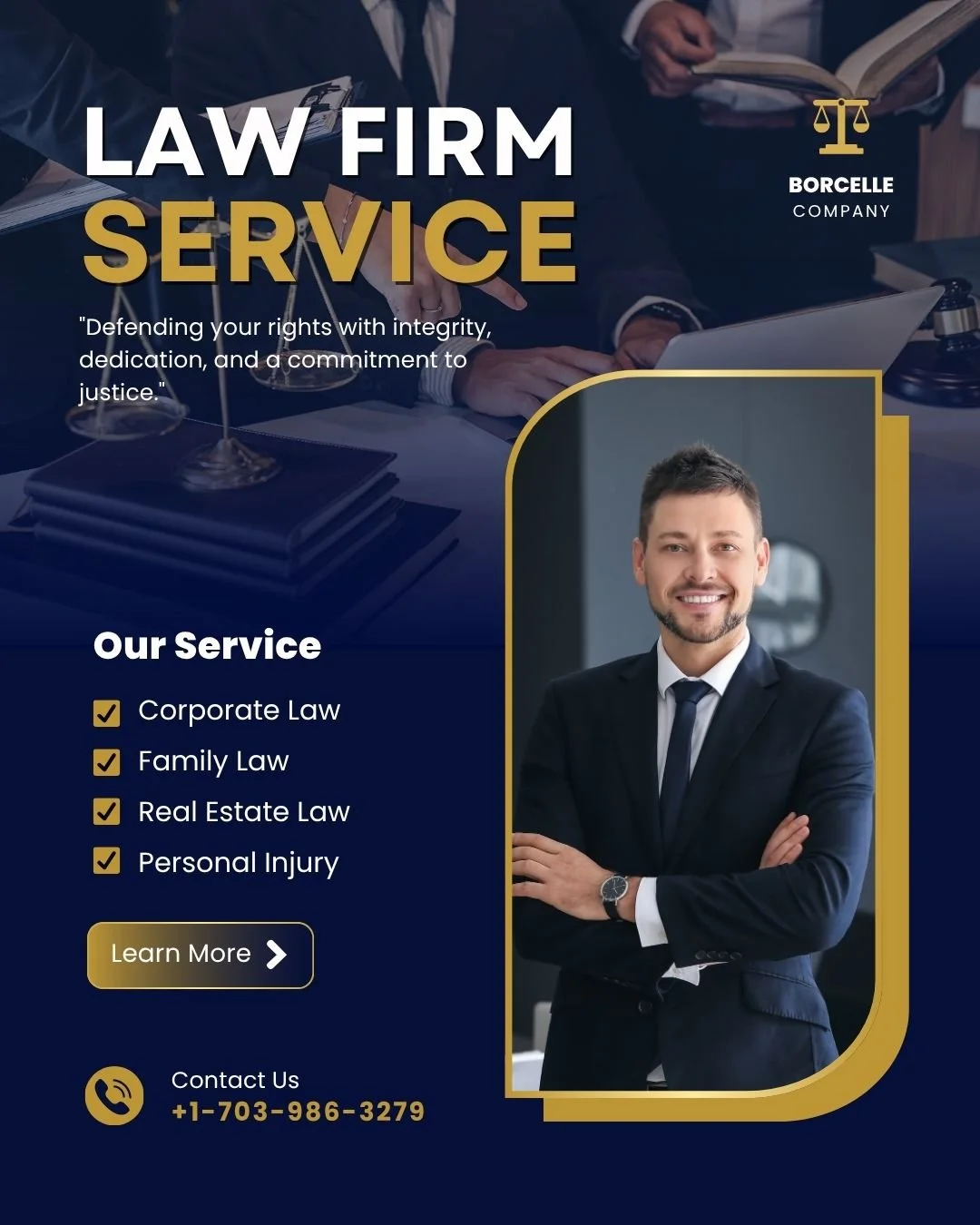 A promotional flyer for a law firm with the headline 'Law Firm Service' and a picture of a smiling man in a suit. The flyer lists services like corporate, family, real estate law, and personal injury. Contact information and a 'Learn More' button are also included.