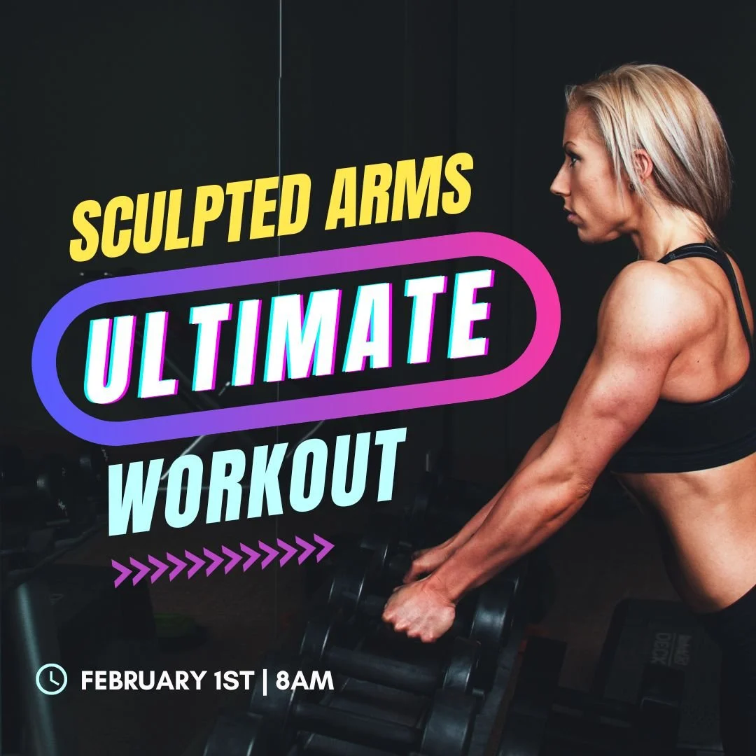A muscular woman with short blonde hair performing a workout with dumbbells in a gym, with colorful text overlay advertising a sculpted arms workout class on February 1st at 8 a.m.
