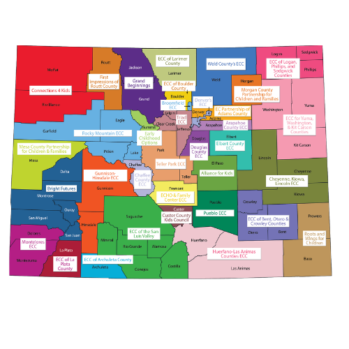 Map of Colorado counties showing Early Childhood Council service areas.