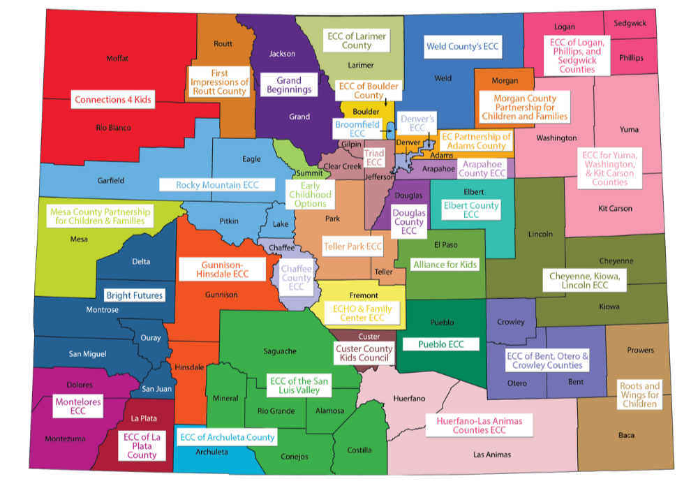 A color-coded map of Colorado showing the catchment areas for each Early Childhood Council.