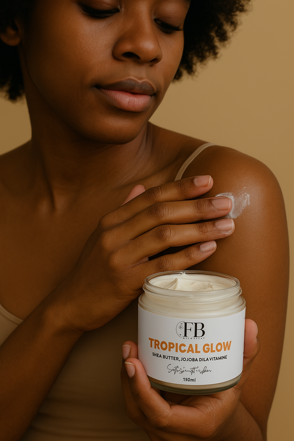 Model holding farmed beauty's body butter