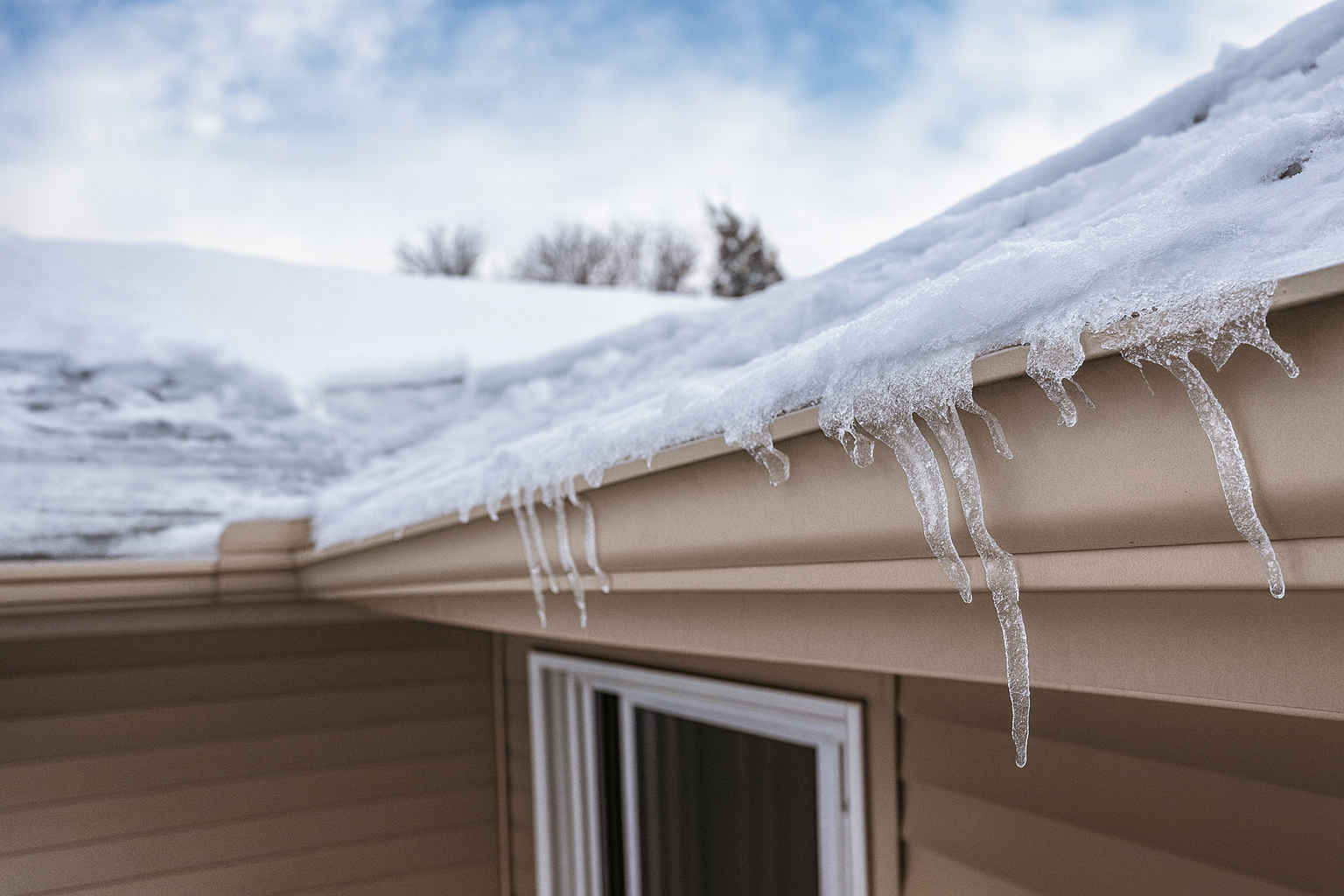 Ice forming icicles hanging from snow-covered gutters on house | Gutter Maintenance | Ft. Worth Texas