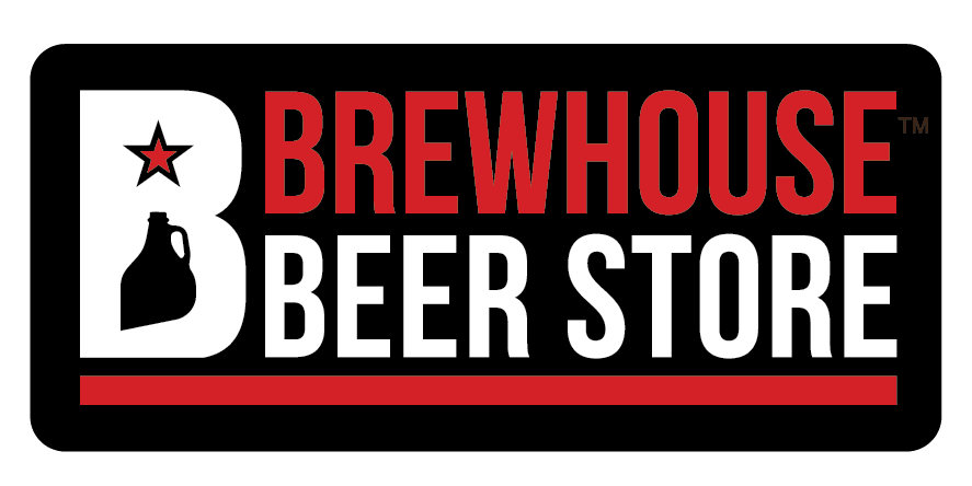 Logo of Brewhouse Beer Store featuring a large letter B with a star and beer bottle silhouette, with red and white text on a black background.