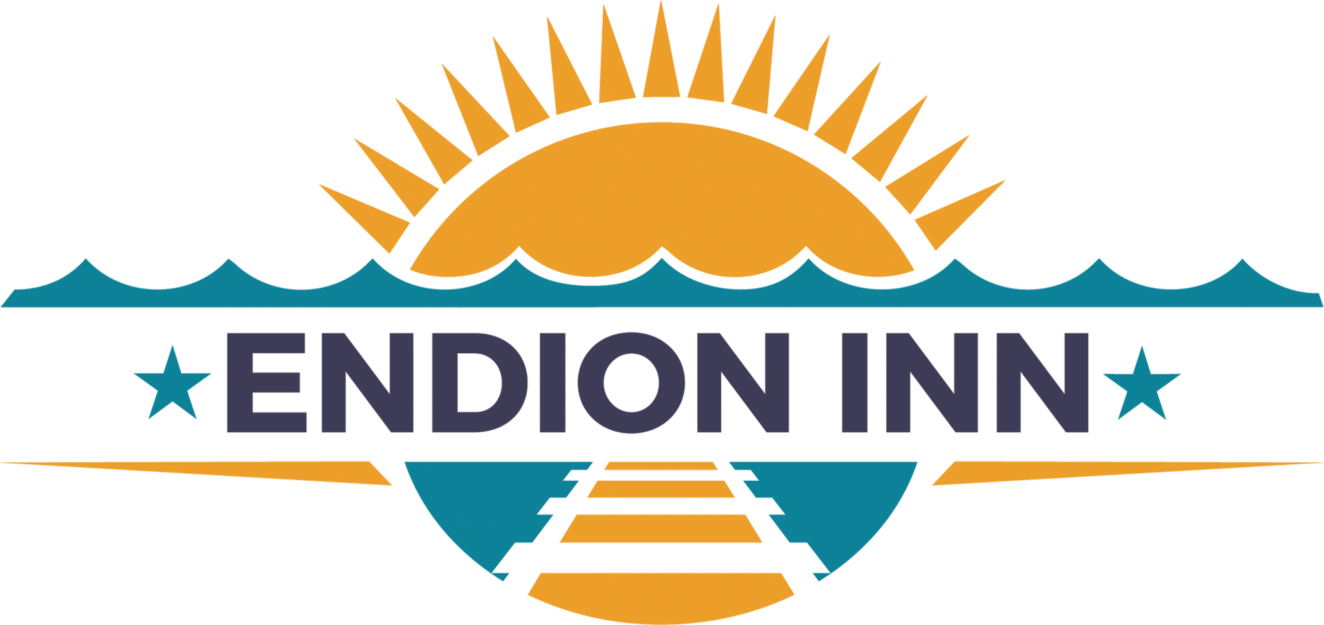 A graphic logo of a setting sun with rays, rising from water, with a pathway leading to the horizon. Below the sun, the text reads 'Endion Inn' in bold purple letters.