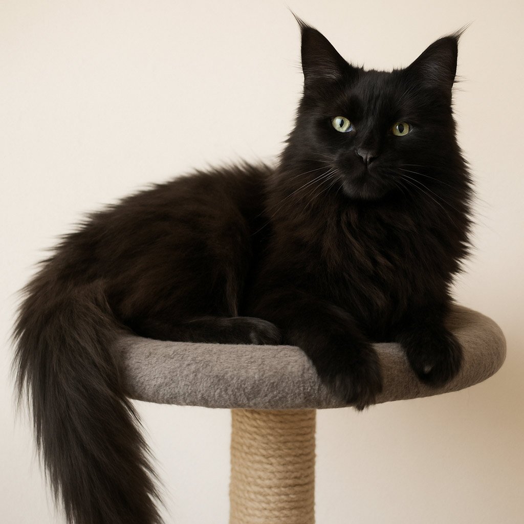 A black long-haired cat sitting on a gray cat tree perch with a beige sisal-wrapped post against a plain white background.