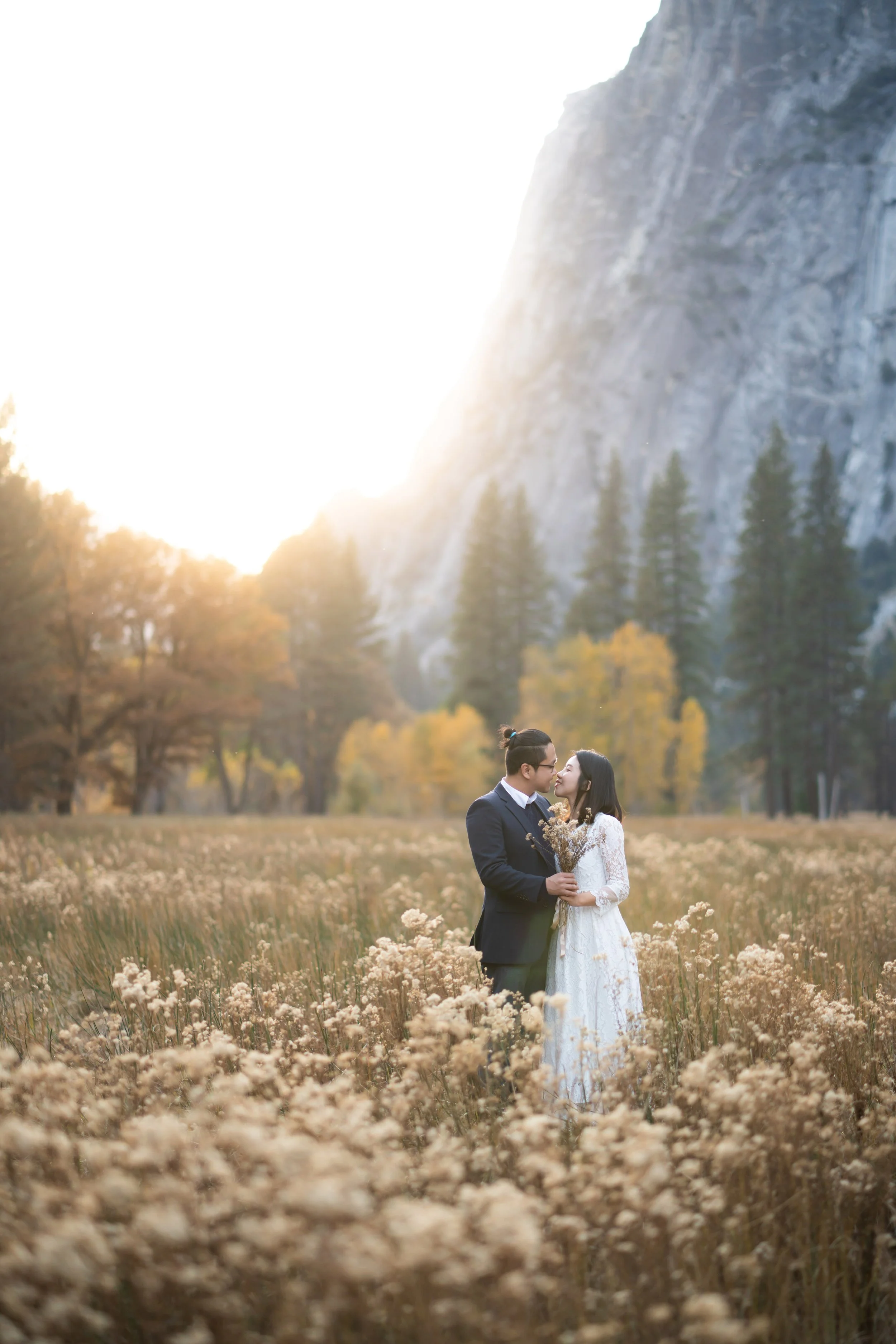 A couple dressed in wedding attire standing in a field of tall, dry grass and flowers, with trees and a large mountain in the background, illuminated by a bright sunset.