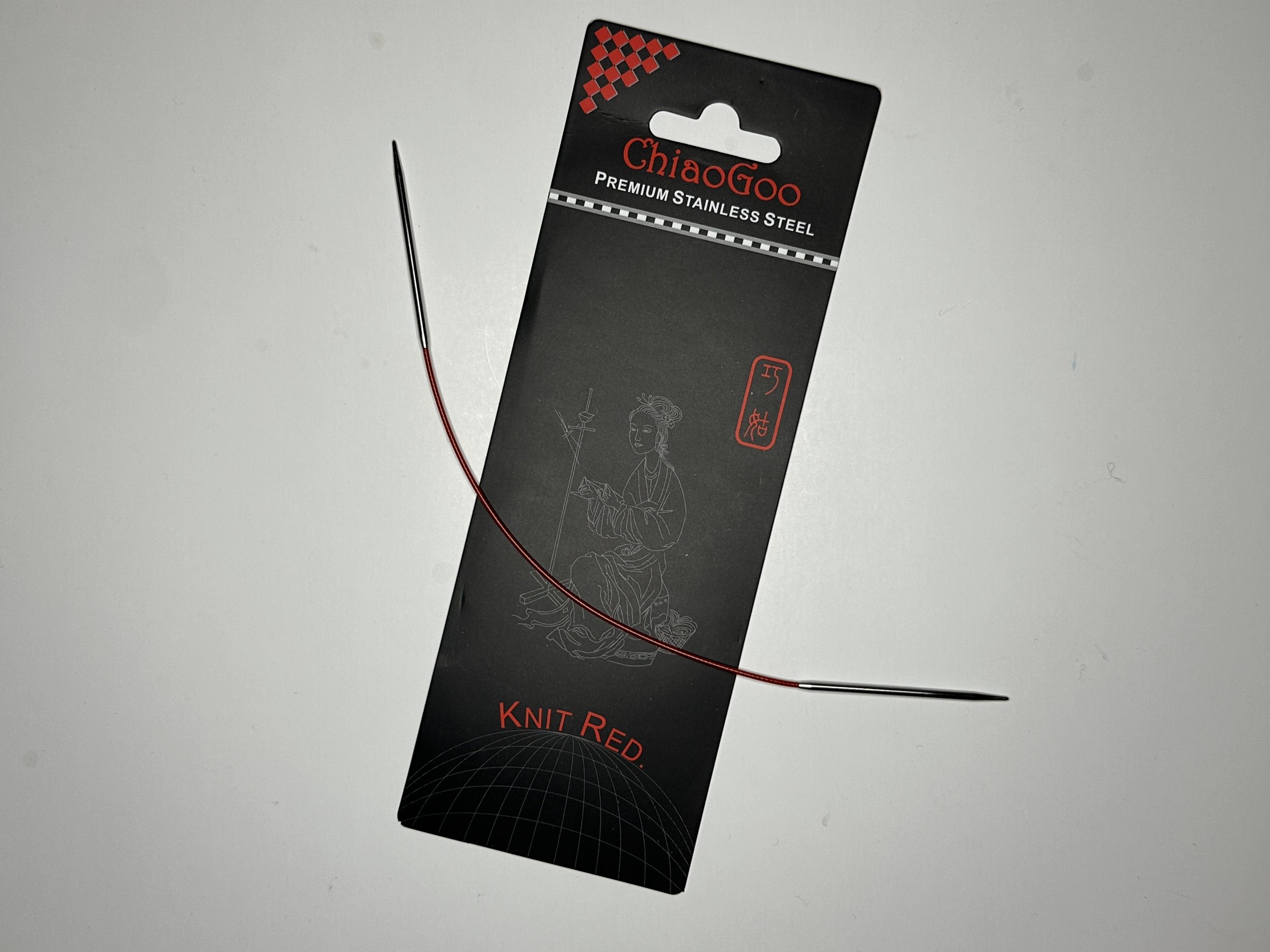 ChiaoGoo 9 inch circular needles, size US1 on a white surface