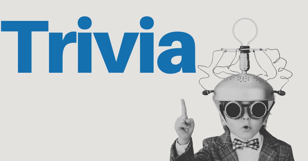 Child wearing a creative helmet with light bulb and wires, raising index finger, with the word 'Trivia' in large blue letters beside him.