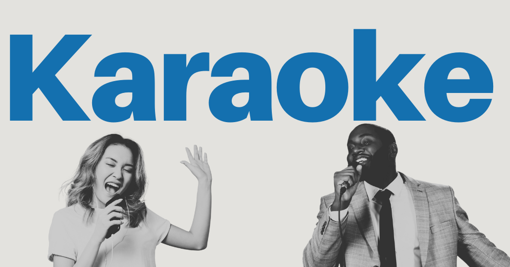 The image shows the word 'Karaoke' in large blue letters with a woman singing into a microphone and a man in a suit holding a microphone, appearing to sing.
