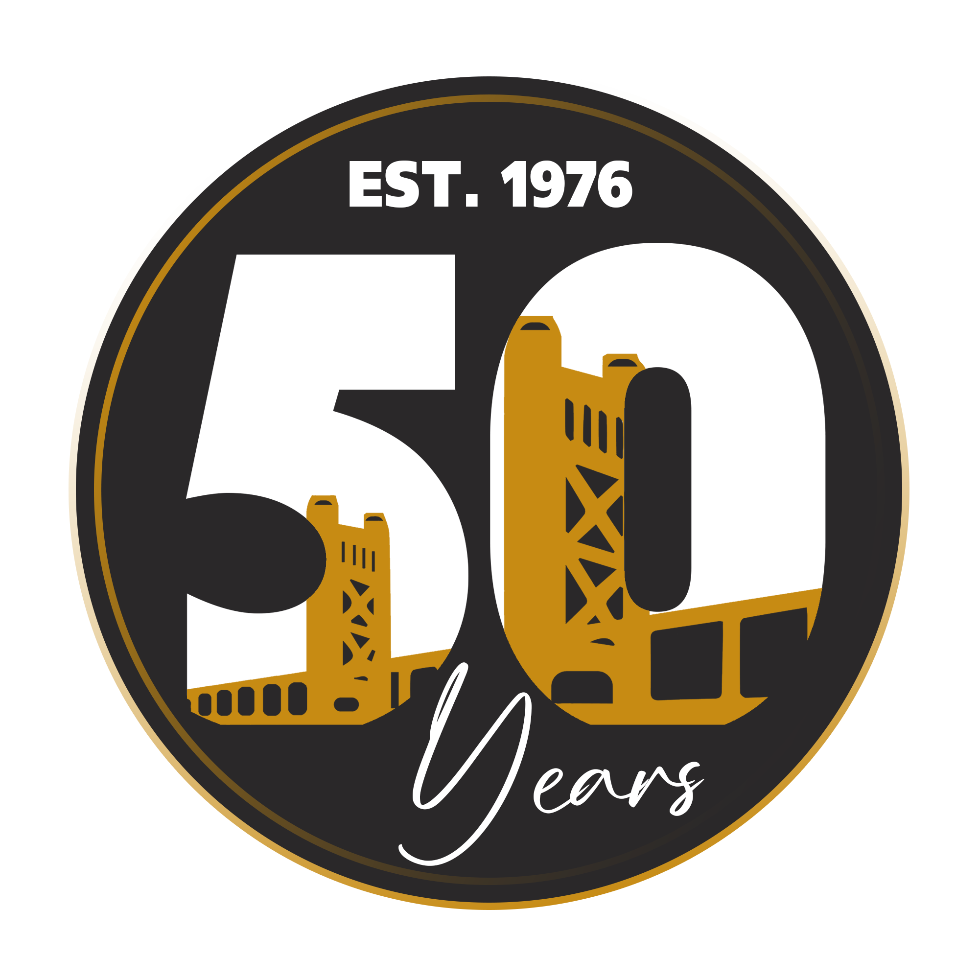 A circular logo with the number 50 and the Tower Bridge silhouette in gold, celebrating 50 years since 1976, with the text 'EST. 1976' and 'Years'.