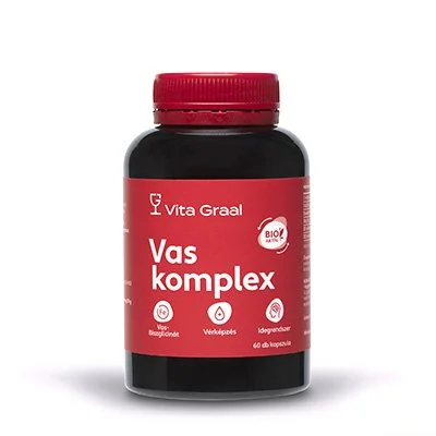 Vita Graal Vas Komplex Szerves Vasat, C-vitamint, Rezet, B9- és B12 vitamint tartalmazó étrend-kiegészítő, vegán kapszulában.
