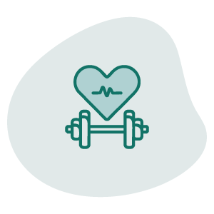 Icon of a heart with a heartbeat line above a barbell, representing fitness or health.