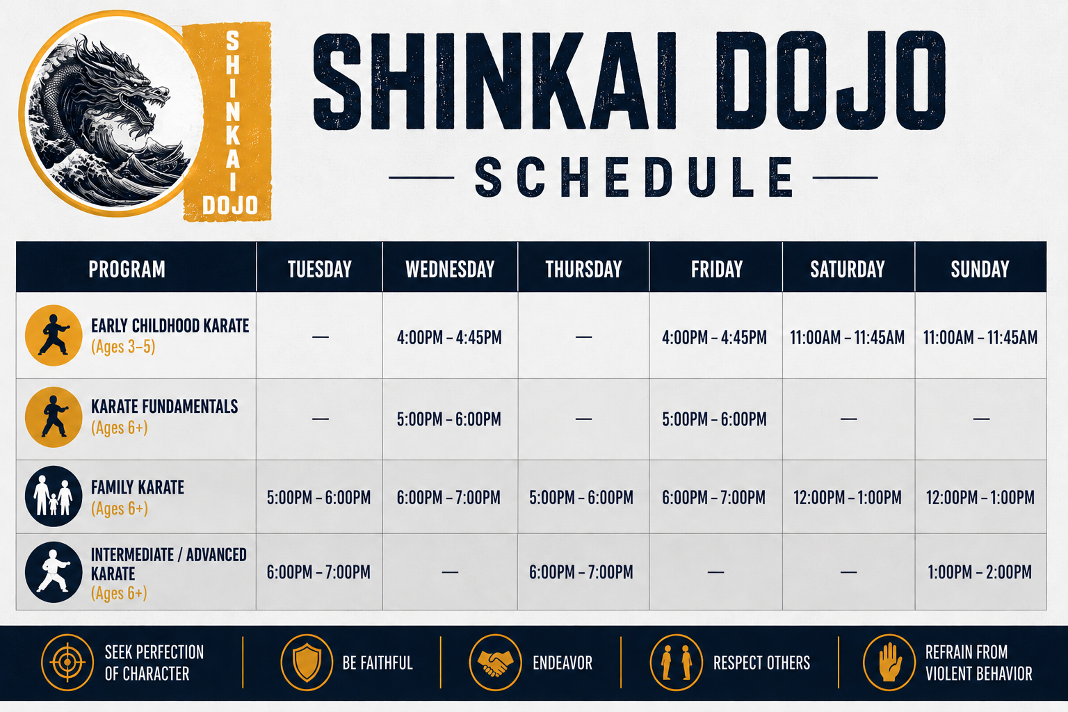 Shinkai Dojo schedule with class times for early childhood karate, karate fundamentals, family karate, and intermediate/advanced karate throughout the week.
