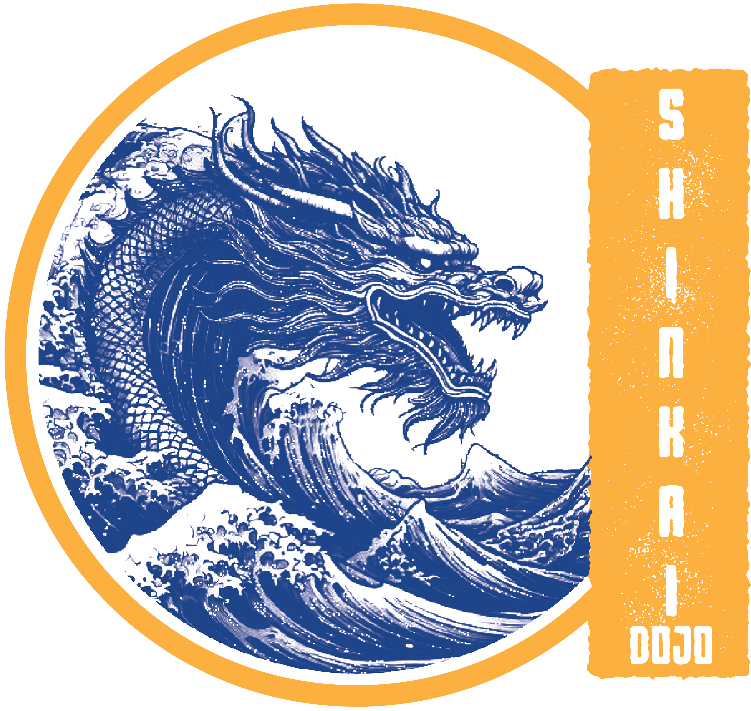 A circular sticker featuring a blue illustration of a dragon emerging from ocean waves, with the word 'SHINKAI' written vertically on an orange torn paper background.