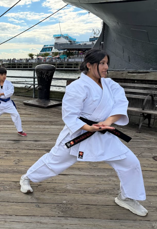 Young woman in a white karate gi with a black belt practicing a martial arts stance on a wooden dock near a large ship and harbor.