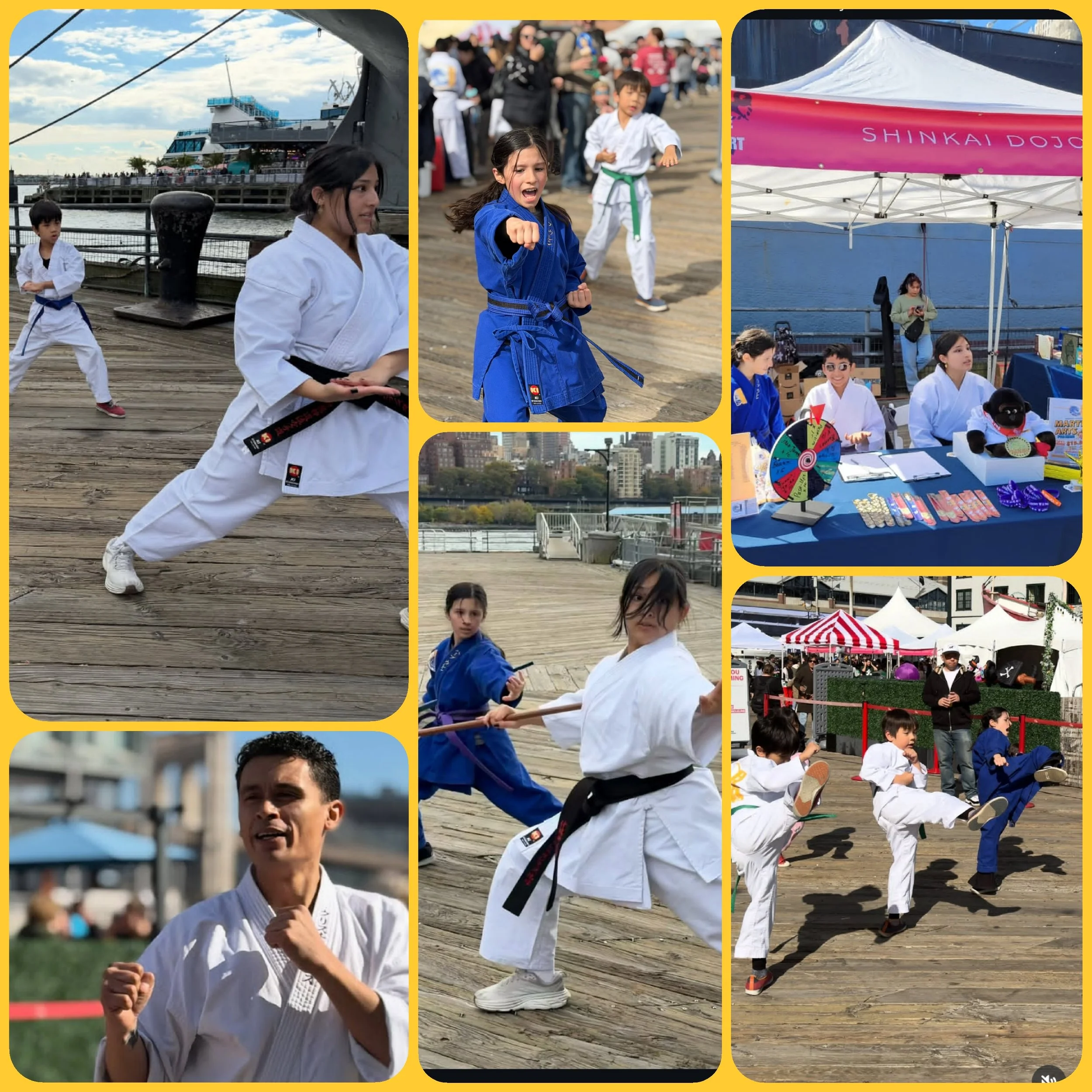 Collage of photos from a martial arts event featuring children and adults practicing karate, participating in martial arts demonstrations, and engaging in a festival with tents and booths.