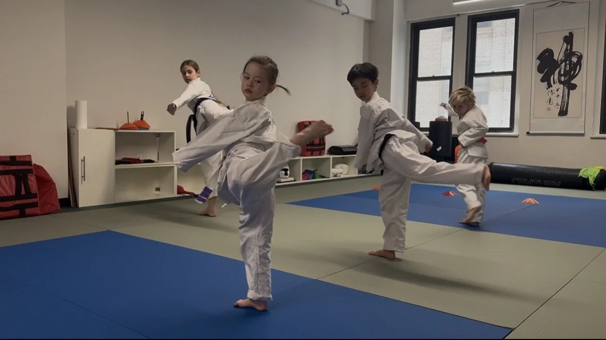 Children practicing martial arts in a dojo, wearing white uniforms, performing kicks on a padded mat.
