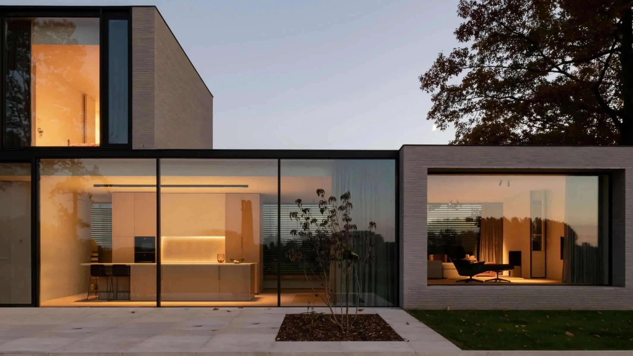 Modern house with large glass windows illuminated from inside, showing a kitchen and living room, and a tree outside during dusk.