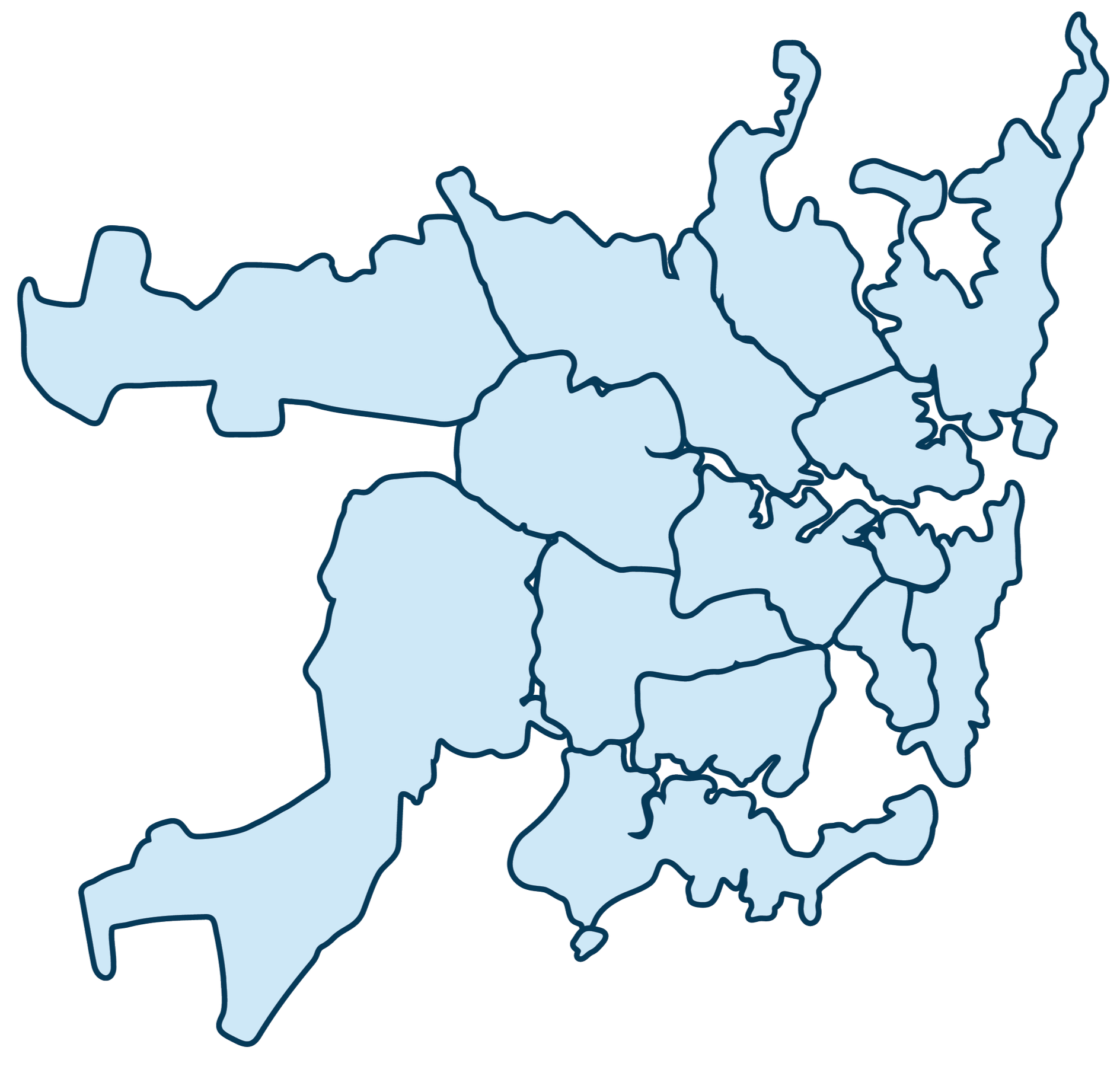 Map showing administrative divisions of Hong Kong in light blue with black outlines.