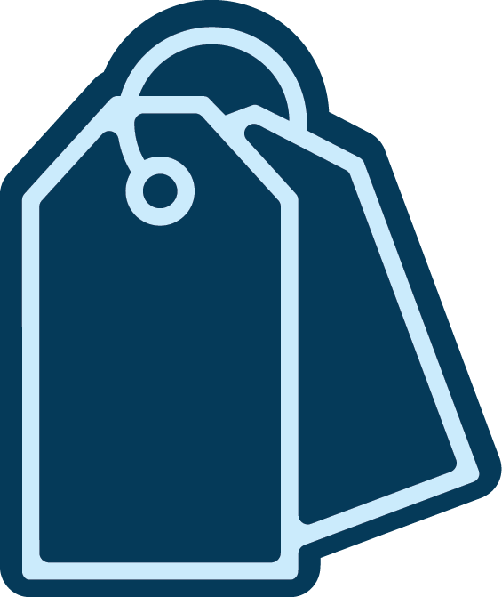 Stylized graphic of two shopping tags, one overlapping the other, with a circular hole at the top of each for attaching string.