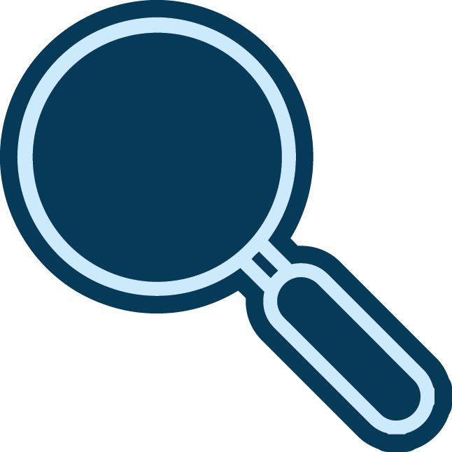 Magnifying glass icon with a dark blue handle and circular lens.