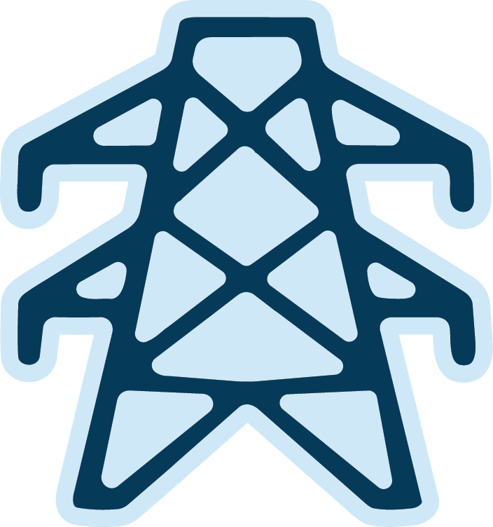 Outline graphic of an electric power transmission tower in blue tones.