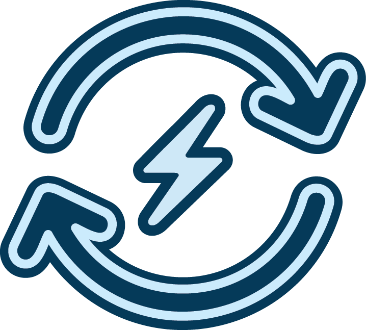 Electricity recycling symbol with arrows surrounding a lightning bolt in the center.