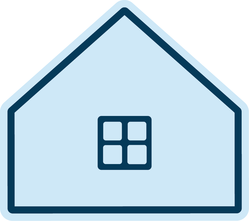 Icon of a house with a peaked roof, outlined in dark blue, and a centered four-pane window.