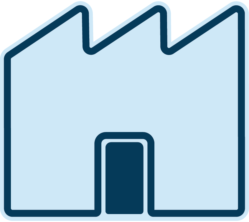 An illustration of a factory or industrial building with a light blue facade and dark blue outline and door.