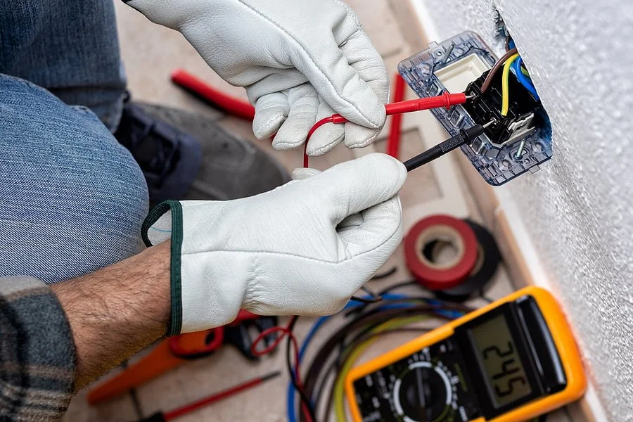 A person wearing white gloves using a multimeter and screwdriver to work on an electrical outlet.