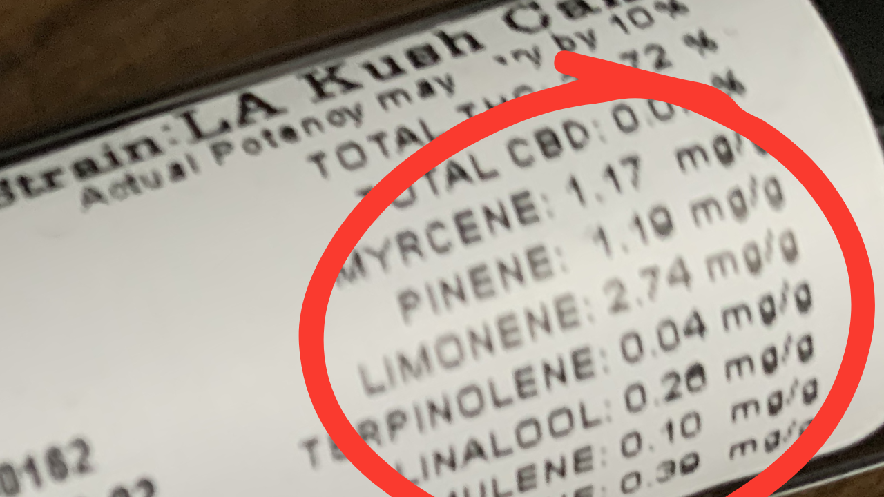 Cannabis packaging listing prominent terpenes including beta caryophyllene, humulene, and limonene for flavor and effects guidance.