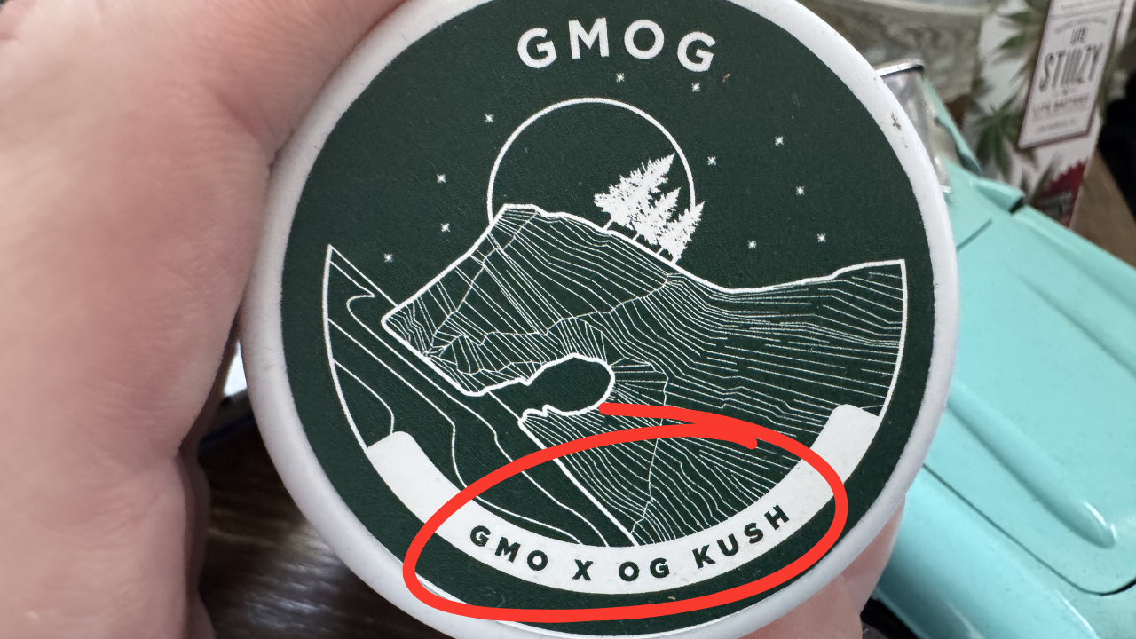 Cannabis concentrate packaging showing strain genetics and lineage with GMO crossed with OG Kush.