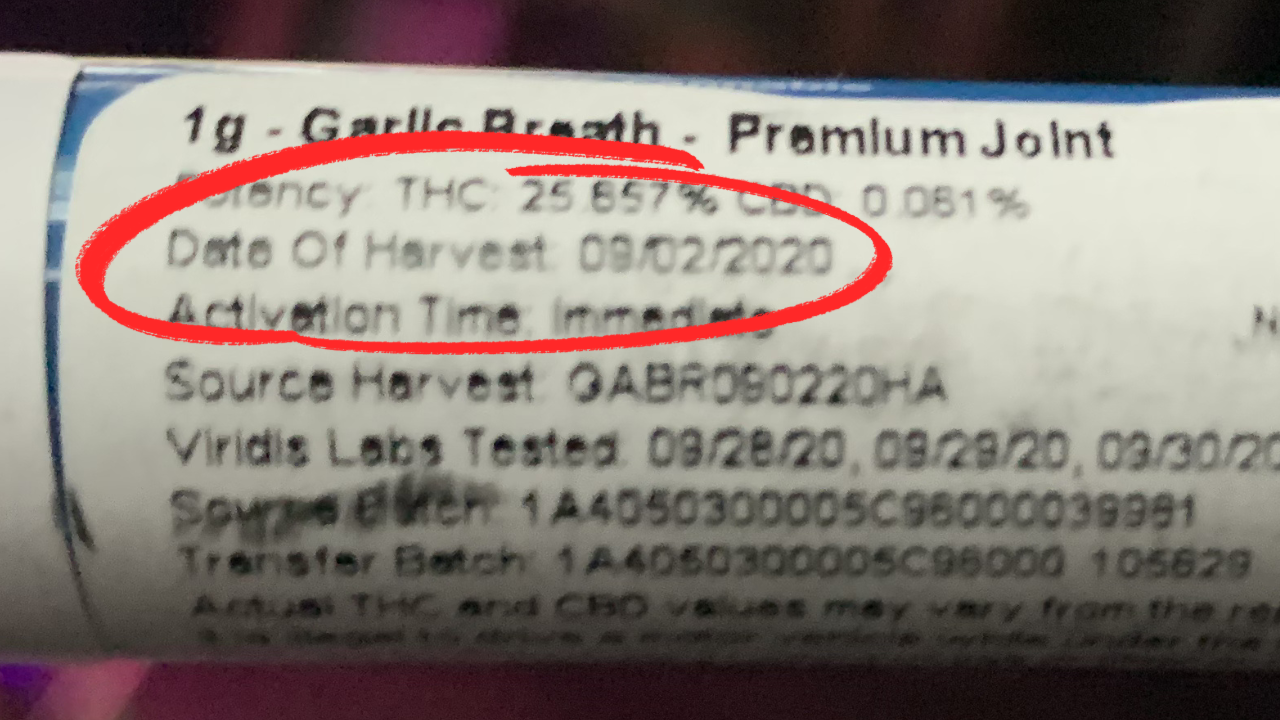 Michigan cannabis pre-roll label highlighting the harvest date and activation time information for freshness tracking.