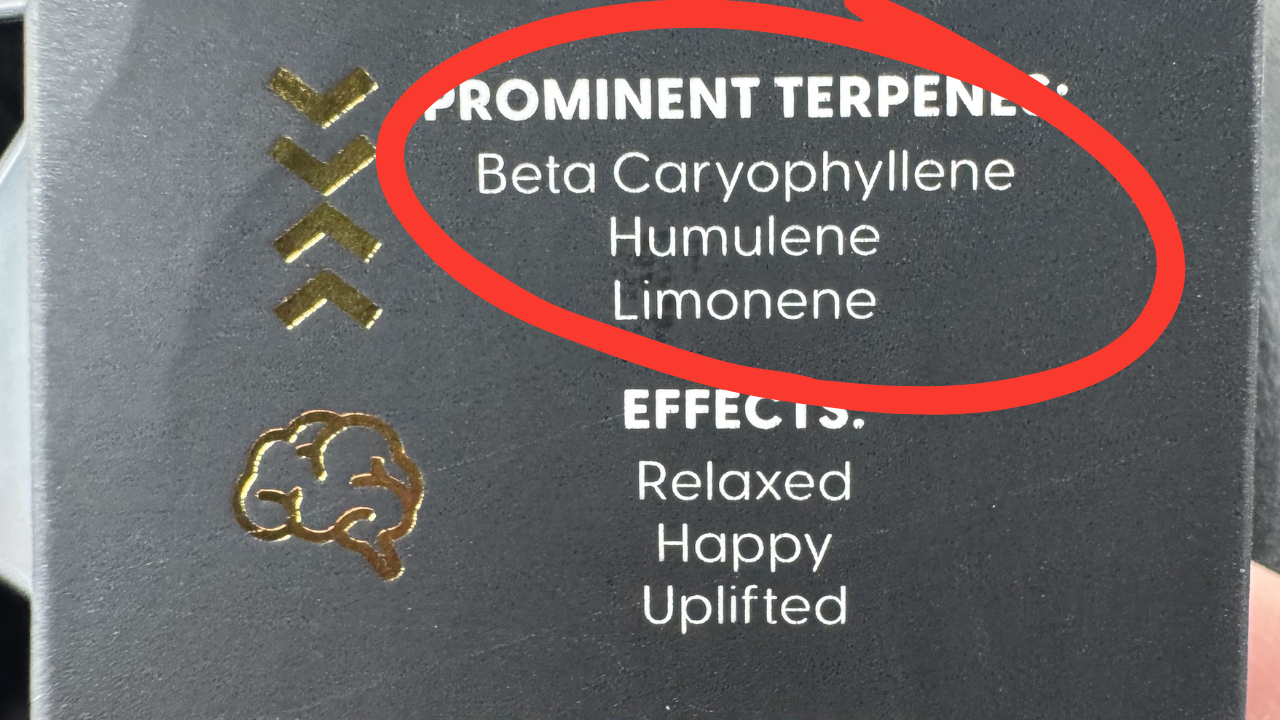 Detailed cannabis terpene profile label showing myrcene, limonene, pinene, linalool, and other terpene percentages.