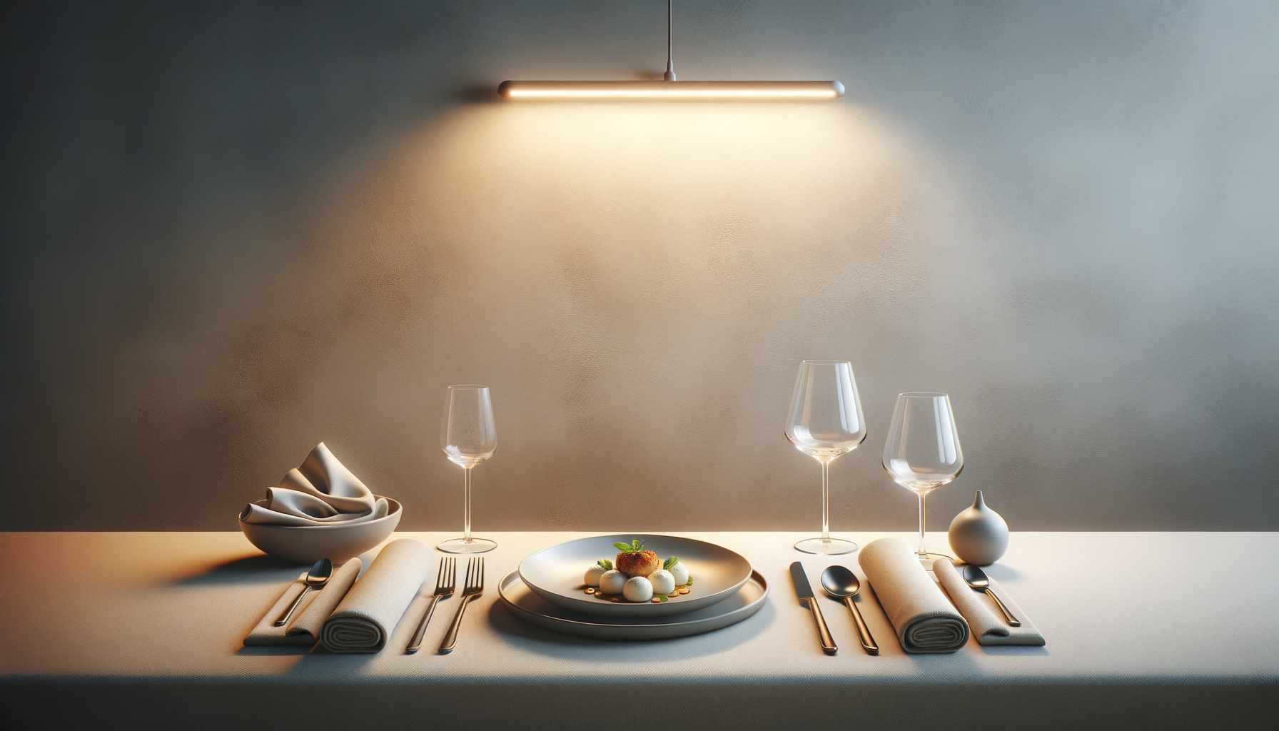 Elegant dining table with three glasses of wine, utensils, napkins, and a plated dish with a garnish, set under a modern hanging light against a gray wall.