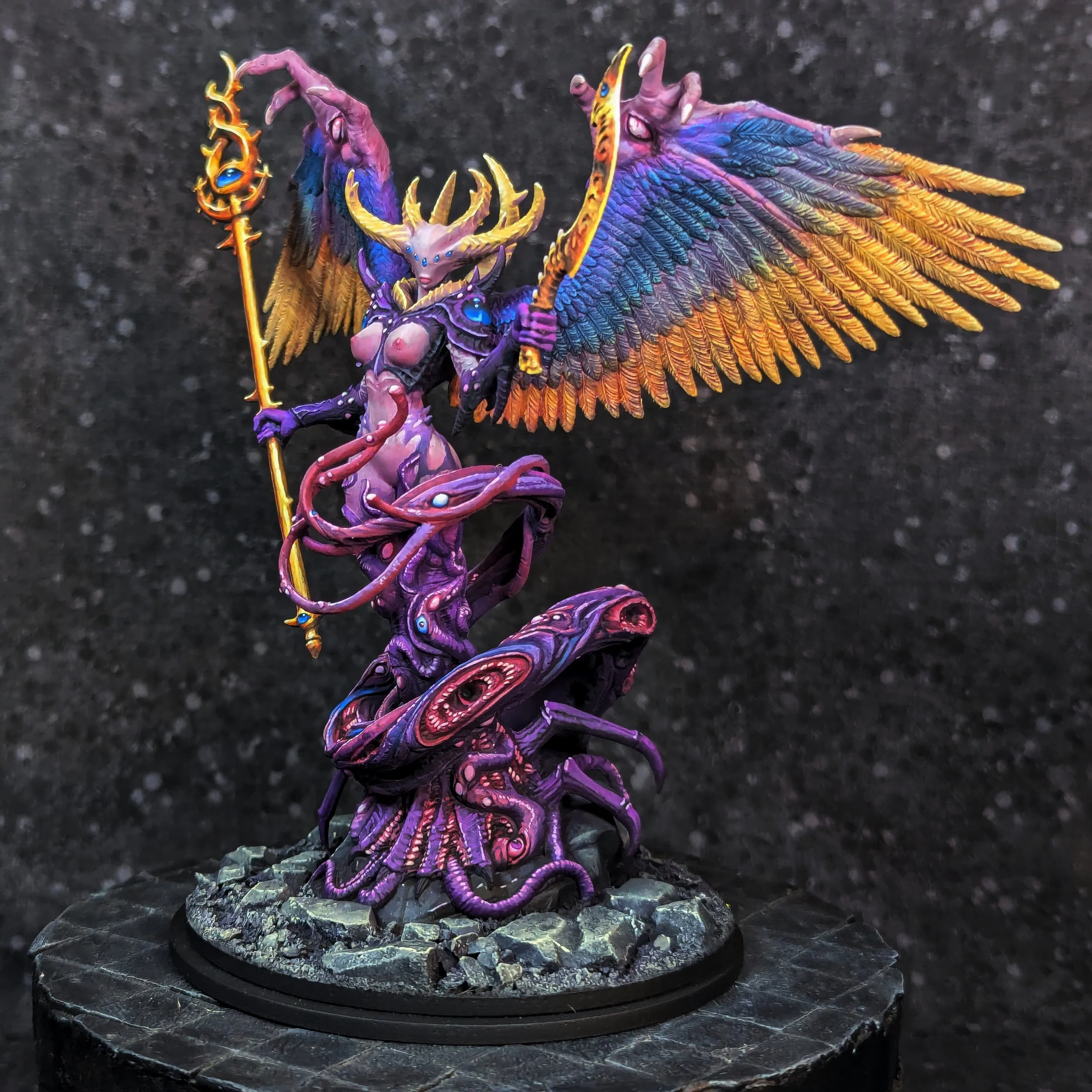 Creature Caster Lady of Arcana, Resin Beast Mini Painting entry, staff, wings, lovecraftian angel