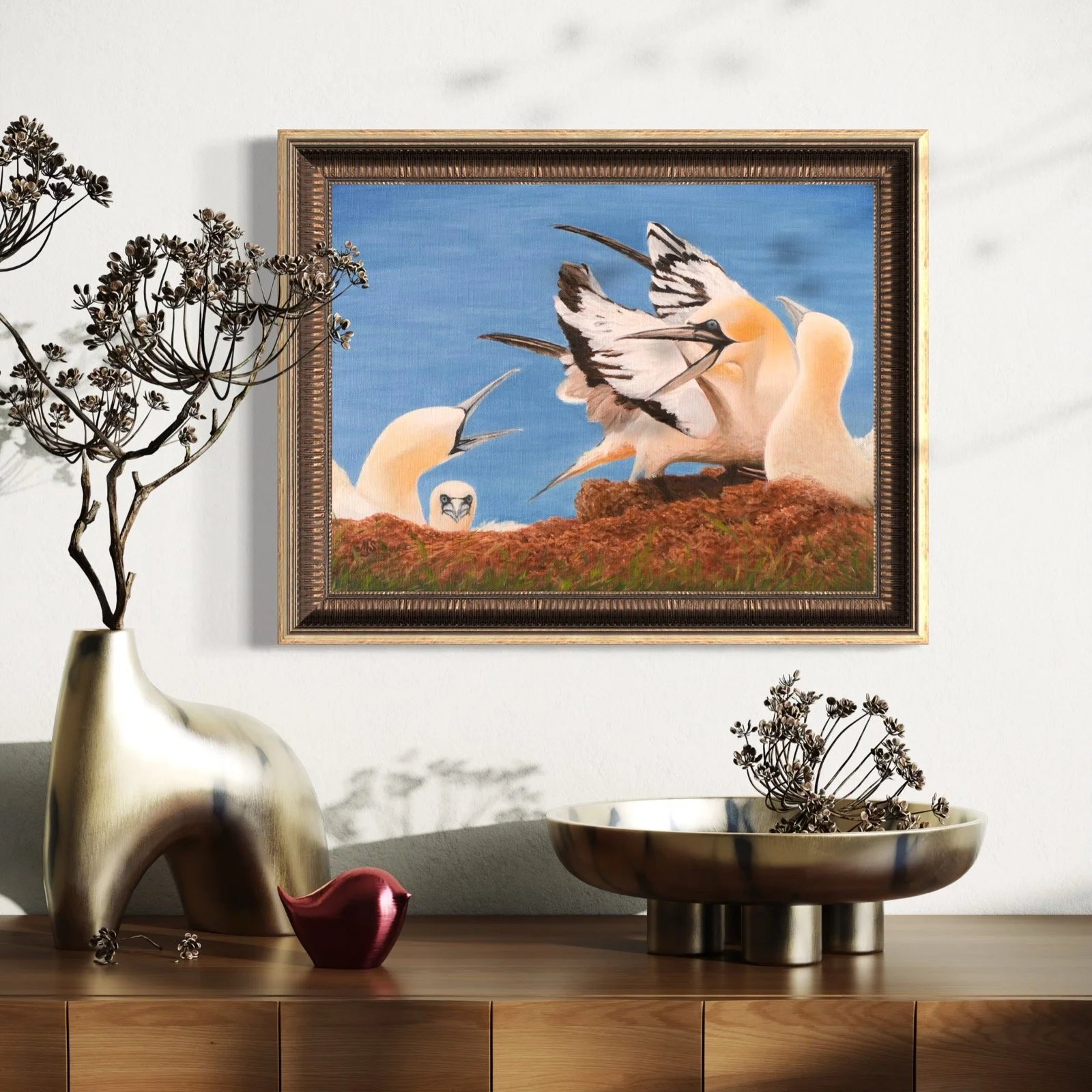 Northern Gannets oil painting "Discussion On The Cliffs" displayed in a modern interior. This realistic wildlife artwork, painted on linen, brings the energy of Helgoland's bird cliffs into your home.