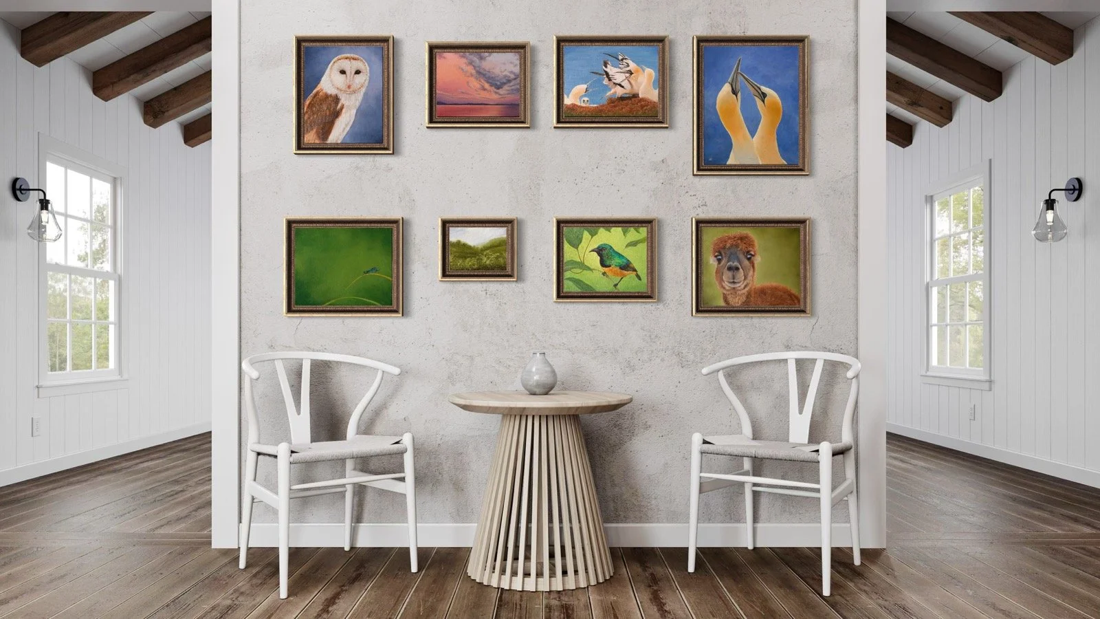 Gallery wall with diverse original pintings by the artist Marina Sosnovskaya