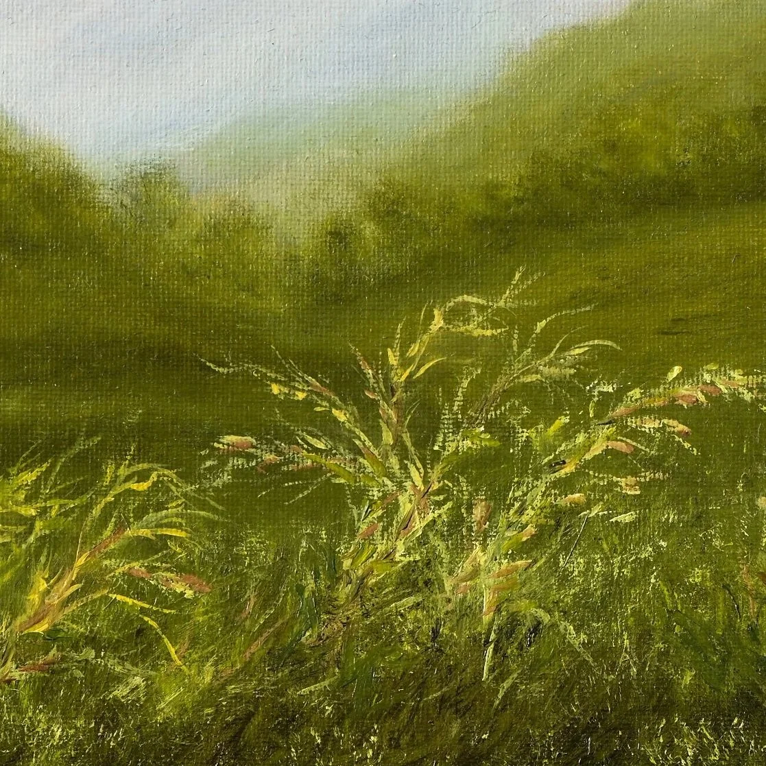 Close-up of an oil painting "Summer Greens" by Marina Sosnovskaya