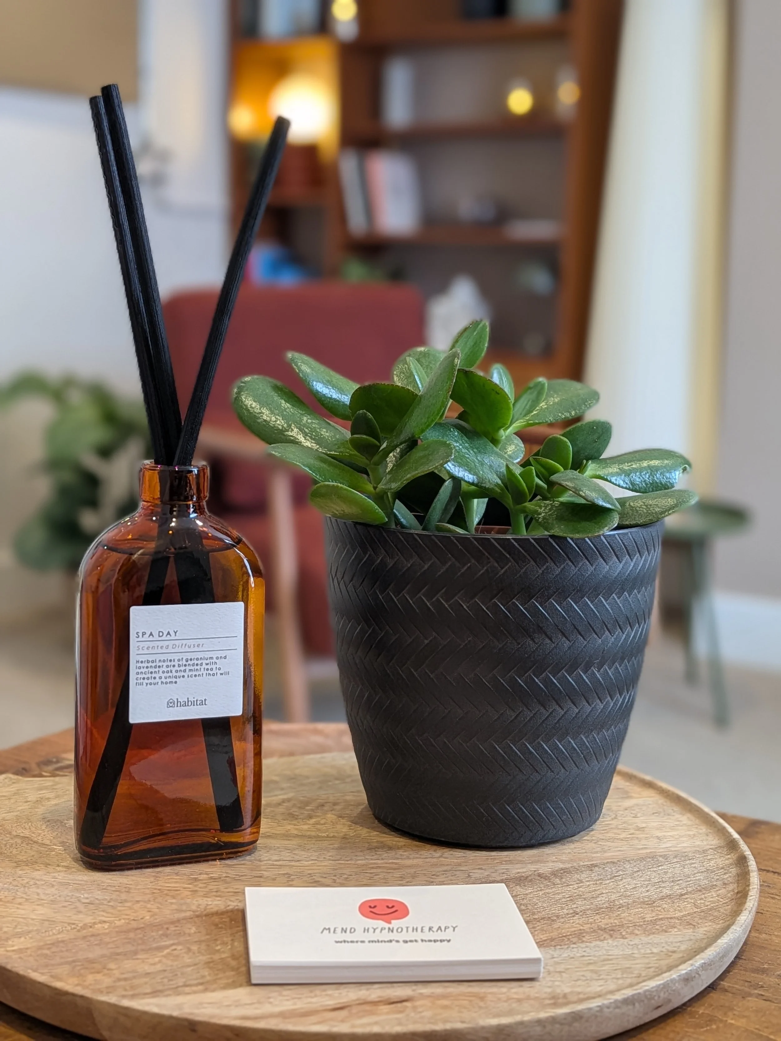 A small amber glass bottle with black reed sticks, a black textured plant pot with a green succulent, and a stack of white cards with a red smiling face logo and the text 'MIND HYPNOTHERAPY' on a wooden tray.