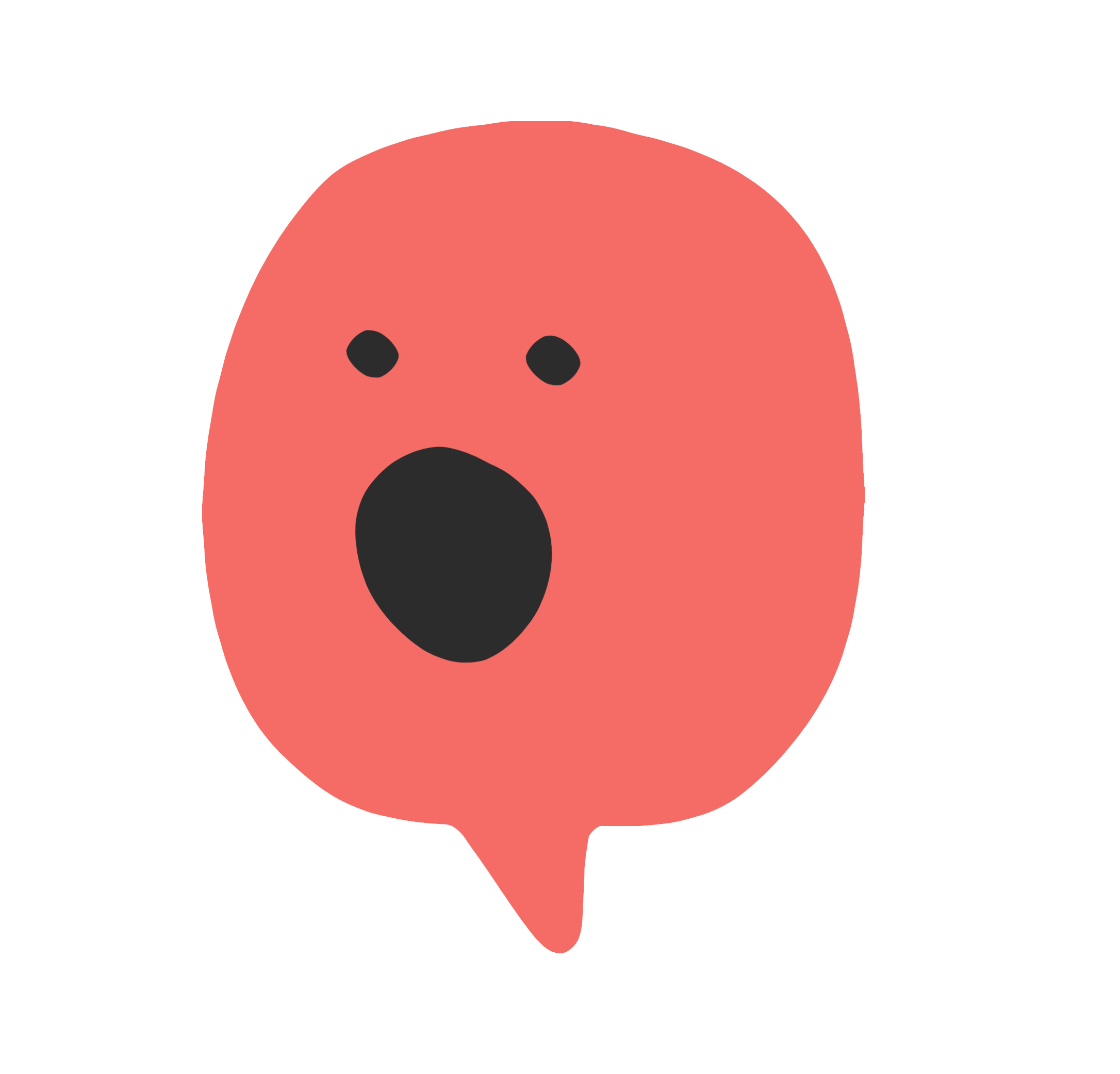Cartoon pink speech bubble with surprised face, black eyes and open mouth.
