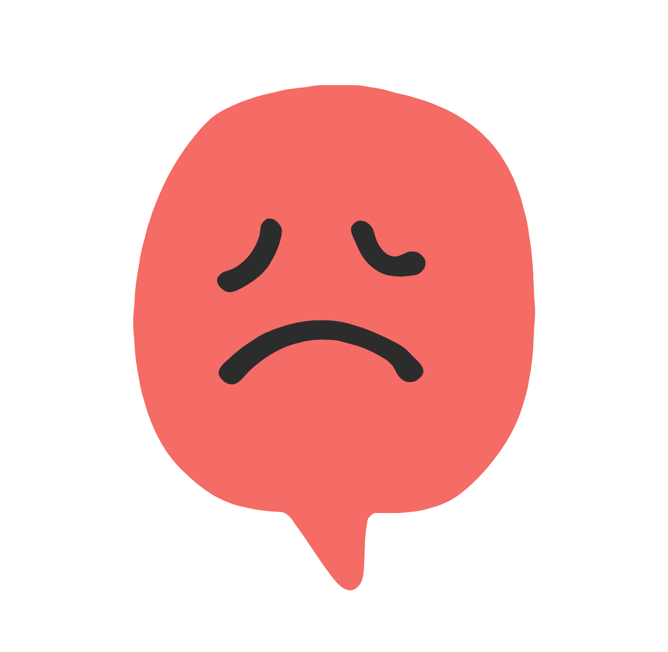 A pink speech bubble with a sad face emoji, featuring sad eyes and a frown.