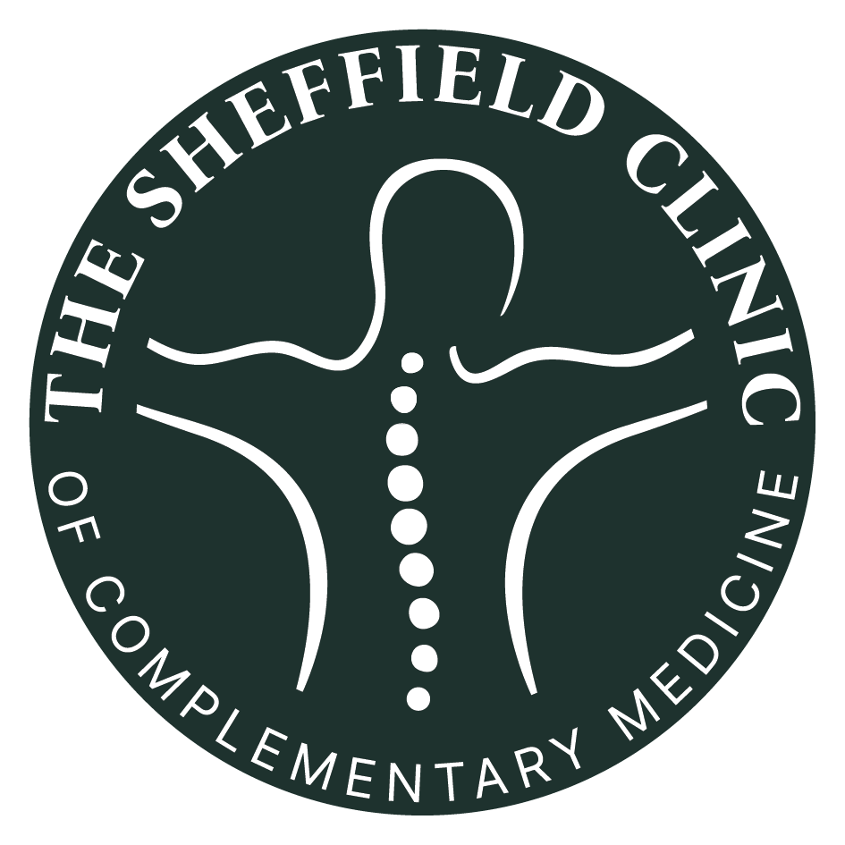Logo of The Sheffield Clinic of Complementary Medicine, featuring a stylized figure with a dotted line down the center, enclosed in a dark green circle.