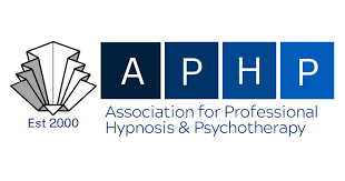 Logo for the Association for Professional Hypnosis & Psychotherapy (A P H P) established in 2000, featuring a geometric design resembling an open book or paper stacks.