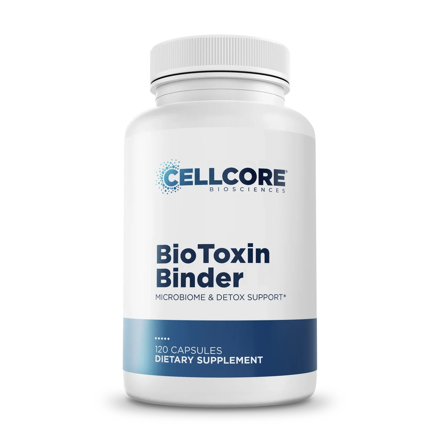 White bottle of Cellcore BioToxin Binder dietary supplement with 120 capsules, label indicating microbiome and detox support.