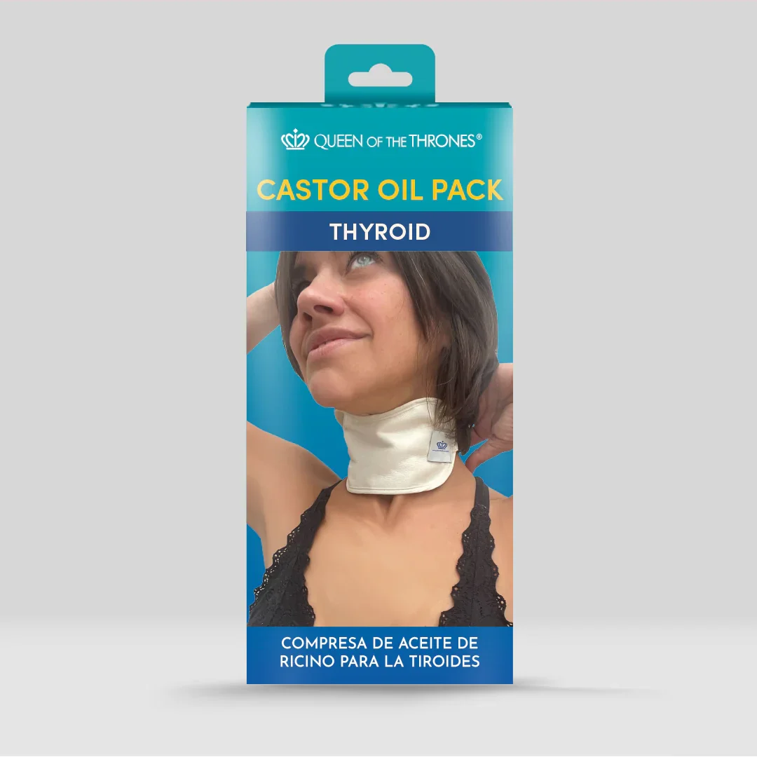 Packaging of Queen of the Thrones castor oil pack with a woman wearing a thyroid compression wrap and smiling, text in English and Spanish.