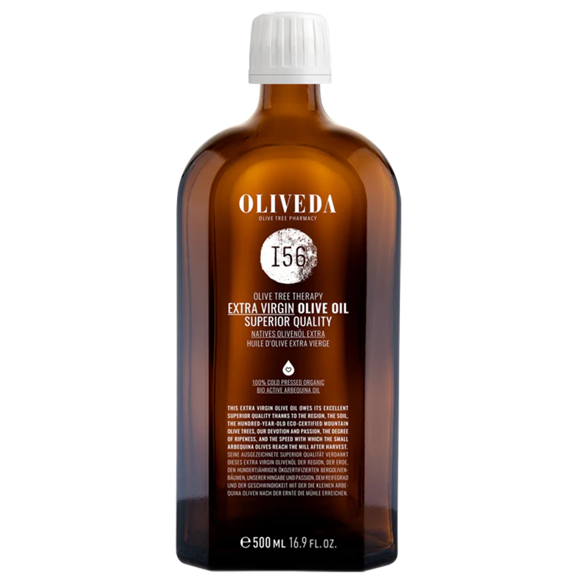 A brown glass bottle of Oliveda extra virgin olive oil with a white screw cap, label displaying brand, type, and quality information.